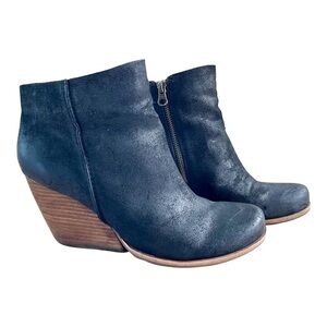 KORK-EASE, BLACK SUEDE BOOTIE. 3” HEEL. INSIDE ZIPPER. LEATHER LINING. SIZE 9M